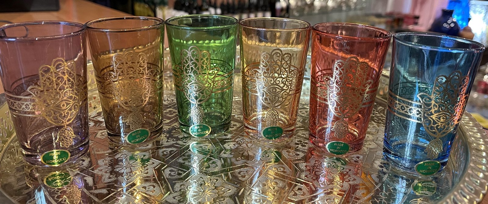 Moroccan tea glasses with hamsa design