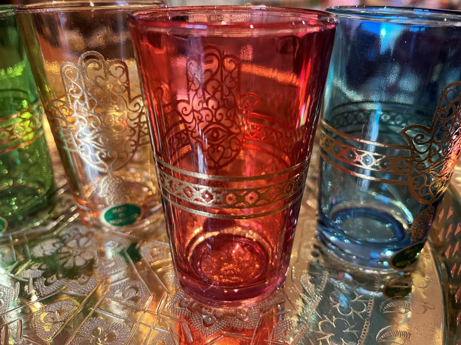 Moroccan hamsa tea glasses