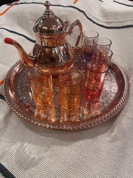 Moroccan teapot, tea glasses and tray