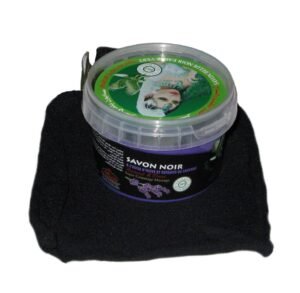 Moroccan black soap with lavender and kessa glove Moroccan black soap with lavender and kessa glove