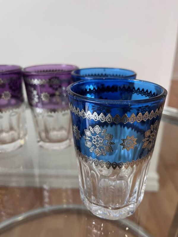blue drinking glasses with silver design
