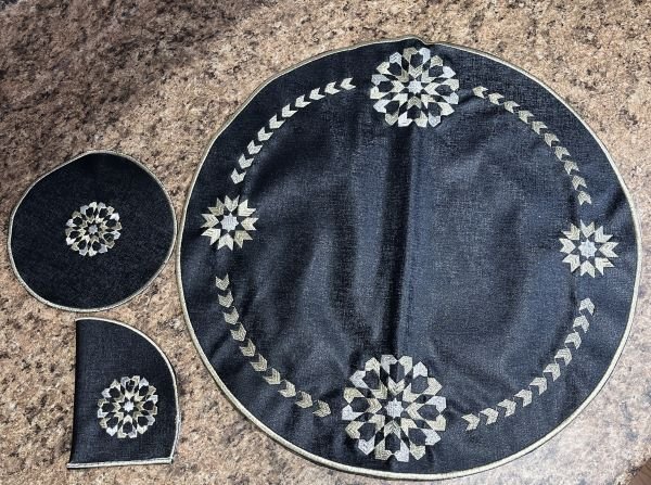 Elegant Black Set with Gold Detailing – Tray Cover, Teapot Handle Cover & Placemat