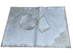 Ensemble-couvre-plateau- gris-broderie doree tray cover gray bleu with handle cover teapot and placemat
