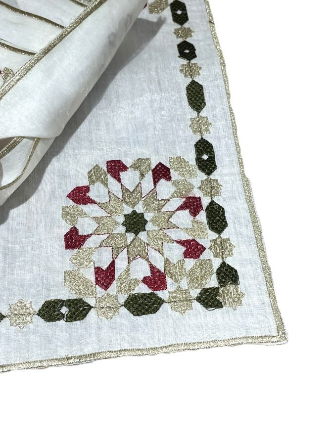 Tray-Set- Embroidered-floral-design desgin floral or vert et rouge sur couvre plateau